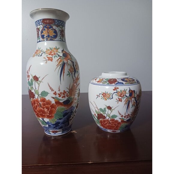 Shogun Dynasty Ceramic Vases Set Of 2 Floral & Bird Design 8" & 5" Tall Hand-Pai - Picture 1 of 8